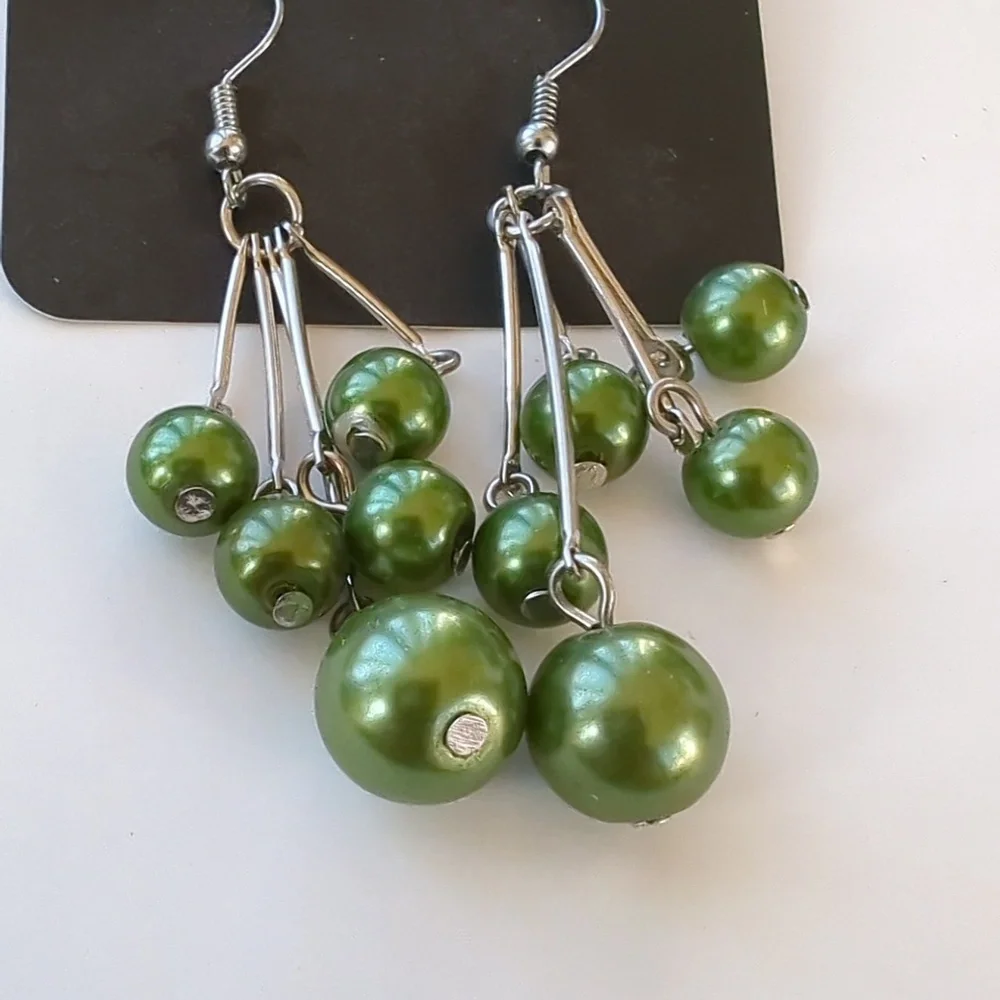 Boutique Paparazzi Olive Green Ball Accent Dangle Fashion Earrings - Picture 2 of 4